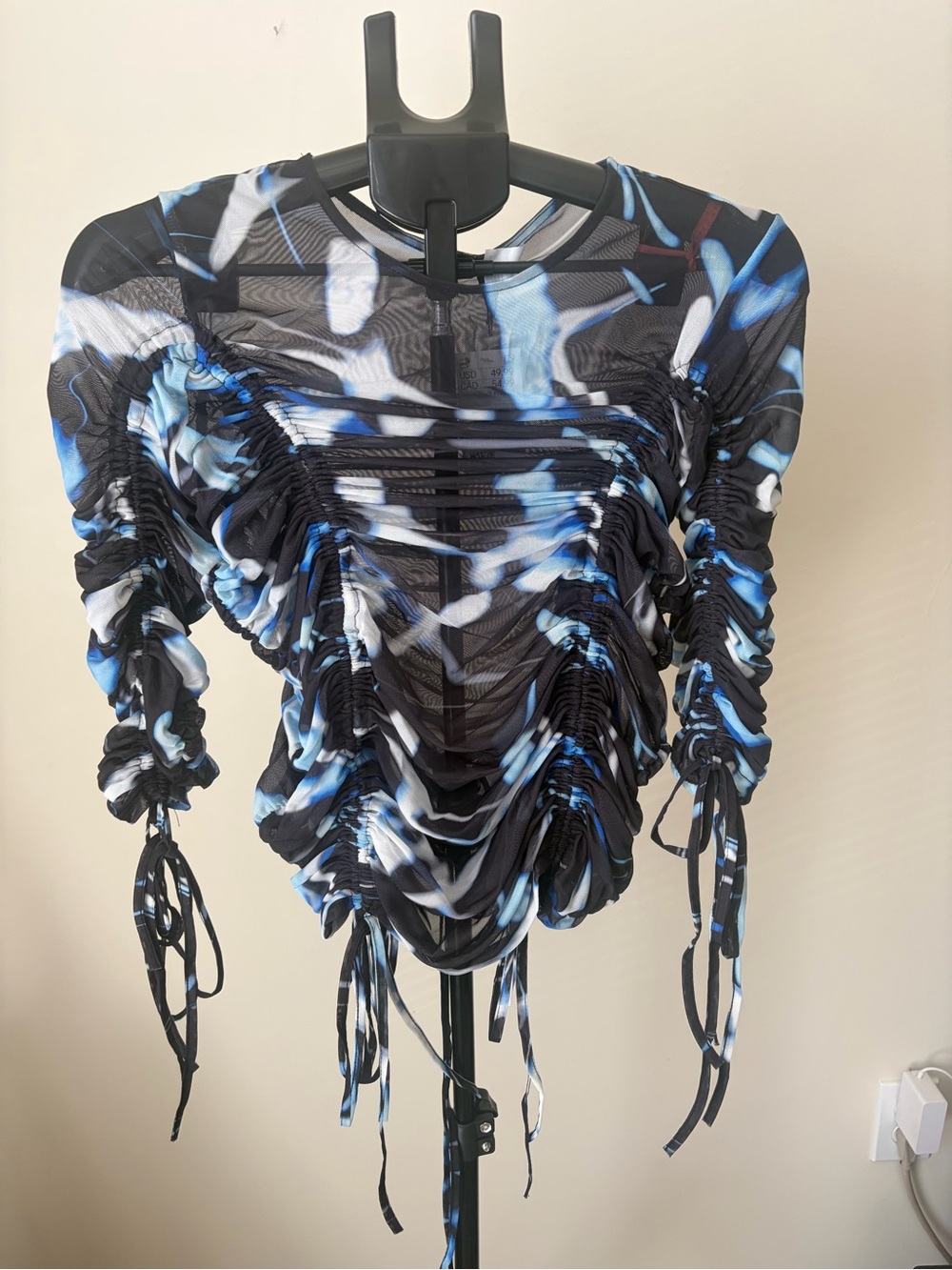 NWT H&M Divided Mesh Ruched Top | Blue Tie-Dye Print | Adjustable Ties | L